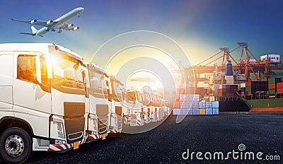 Container truck ,ship in port and freight cargo plane in transpo Stock Photo