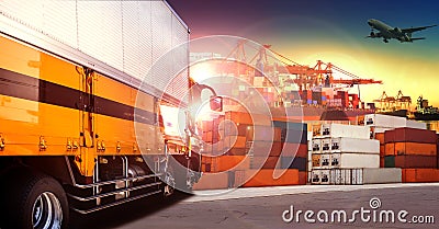 Container truck in shipping port ,container dock and freight car Stock Photo