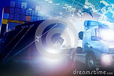 Container truck and shipping ship for freight and cargo logistic Stock Photo