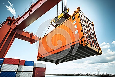 The container vessel during loading at an industrial port by port crane. Neural network AI generated Stock Photo