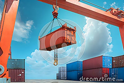 The container vessel during loading at an industrial port by port crane. Neural network AI generated Stock Photo