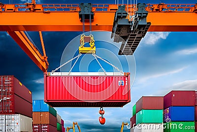 The container vessel during loading at an industrial port by port crane. Neural network AI generated Stock Photo