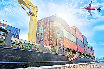 Container warehouse for delivery shipment transport, import export to global logistics concept. by boat and plane. Business Editorial Stock Photo