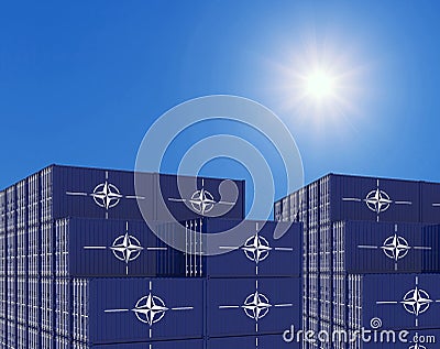 Container yard full of containers with flag of Nato Flag. 3d illustration Cartoon Illustration