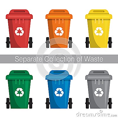 Containers for garbage of different types. Sorting and recycling of waste Vector Illustration