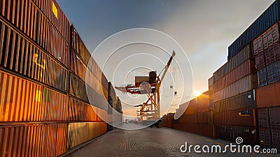 Containers at the port stand ready for global export, with a loader operating in the background. This bustling scene reflects the Stock Photo