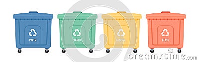 Containers or recycle bins for paper, plastic, glass and general trash. Concept of separate garbage collection Vector Illustration