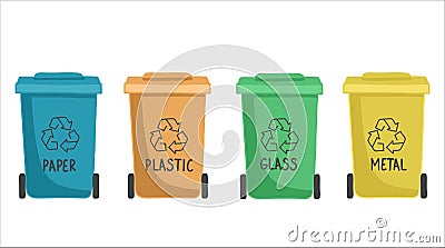 Containers or recycle bins for paper, plastic, glass and metal trash. Concept of separate garbage collection. Dumpsters Stock Photo