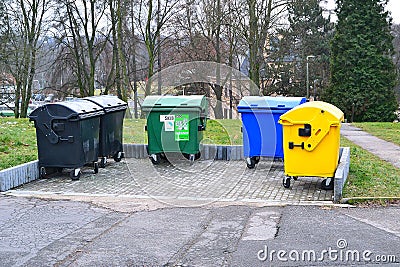 Place with containers for sorted waste, PetÅ™vald u KarvinÃ©, Czech Republic Stock Photo