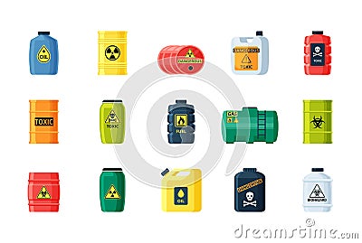 Containers toxic and chemical substances set. Dangerous iron containers with radioactive waste storage of nuclear Vector Illustration