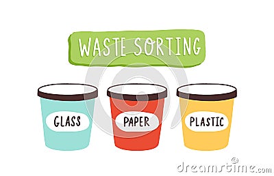 Containers for waste sorting with glass, paper and plastic vector flat illustration. Colorful buckets for garbage Vector Illustration
