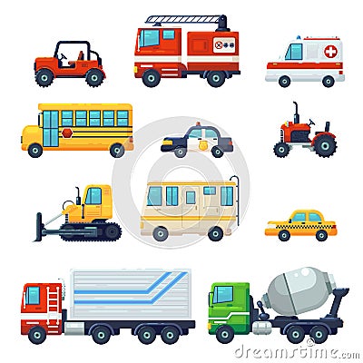 Contains such as Heavy industrial vehicle car, tractor, police ambulance school bus, Fire fighting car . Can be used for Vector Illustration