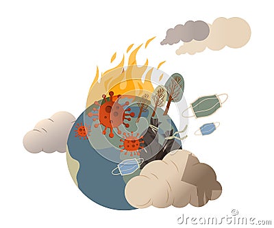 Contaminated Earth Planet with Trash and Industrial Smog Vector Illustration Vector Illustration