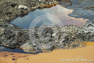 Contamination soil and water spot oil pollution, former dump toxic waste, effects nature from contaminated soil and Stock Photo