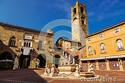 Contarini fountain on Piazza Vecchia, Citta Alta, Bergamo city, Italy Editorial Stock Photo