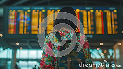 Contemplates Journey Ahead at Digital Airport Departure Board. Stock Photo