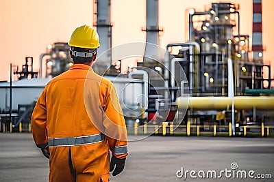Contemplating the Industry : Insights from a Safety-Clad Worker in the Oil and Gas Sector.Generative AI Ilustration Stock Photo