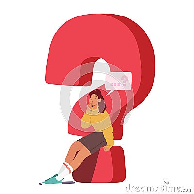 Contemplative Female Character Seated On Huge Red Question Mark with Speech Bubble over Head, Portraying Introspection Vector Illustration