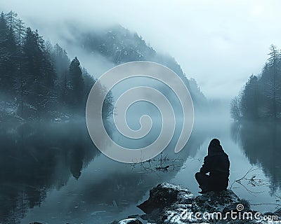 Contemplative wanderer by a placid lake Stock Photo