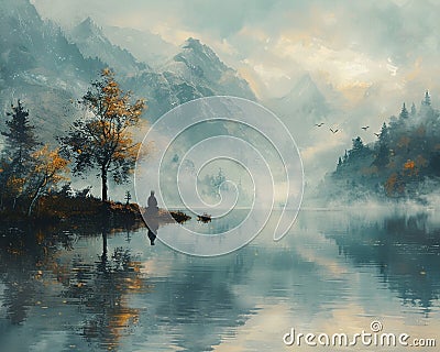 Contemplative wanderer by a placid lake Stock Photo