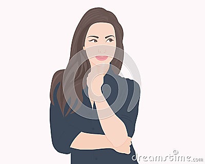 Contemplative woman holding her chin with her hand to show a thought or trouble Vector Illustration