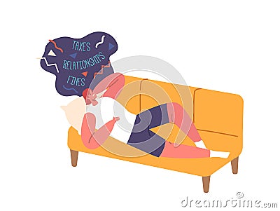 Contemplative Woman Lying On A Sofa, Ponders Her Troubles, Deep In Thought. Anxious Female Character Seeking Solutions Vector Illustration