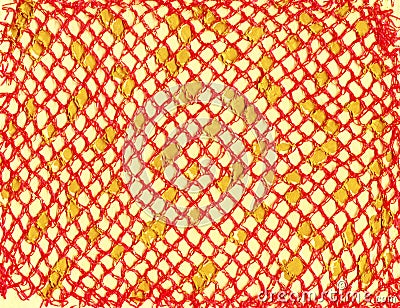 Contemporary abstract art illustration. Red plaid meshy texture and yellow color paint drops Cartoon Illustration