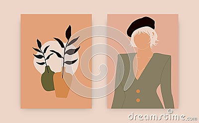 Contemporary abstract posters. Modern female set, fashion woman silhouette pastel colors, vase, pottery. Vector illustration Vector Illustration