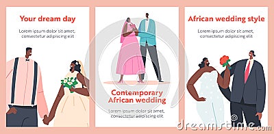 Contemporary African Couples Wedding Ceremony Banners, Black Groom and Bride Characters Wear Festive Clothes, Newlyweds Vector Illustration