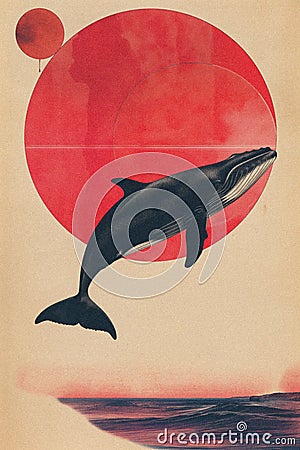 Contemporary animal collage art with whale, risograph print Stock Photo