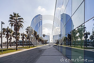 Contemporary architecture, Hotel W or Hotel Vela, by Ricard Bofill. Reflection glass building, Barceloneta beach, Barcelona. Editorial Stock Photo