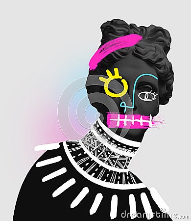 Contemporary art collage with antique black colored statue bust with neon drawings. Surreal style. New fashion Stock Photo