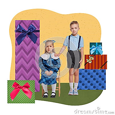 Contemporary art collage. Beautiful children, boy and girl in costumes near presents. Family photo. Siblings. Concept of Stock Photo