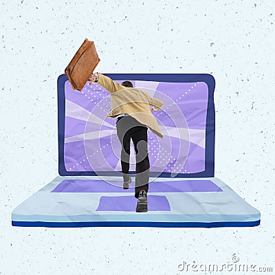 Contemporary art collage. Businessman running into laptop screen Stock Photo