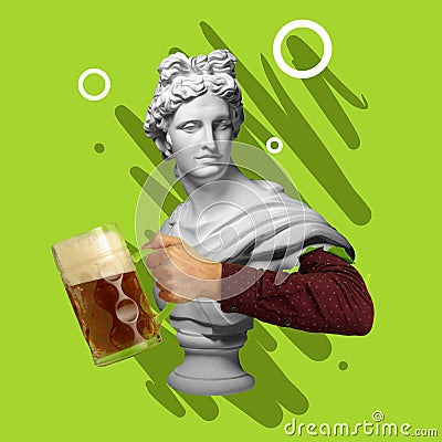 Contemporary art collage with bust of antic statue and hand holding beer glass with lager cold foamy beer. Concept of Stock Photo