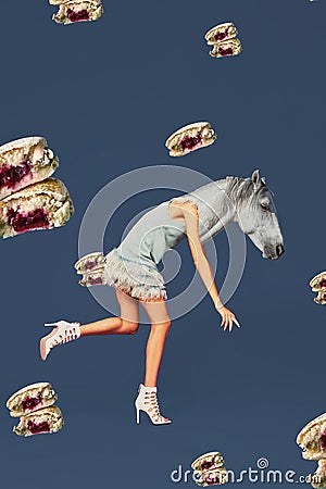Contemporary art collage. Concept woman with horse head. Stock Photo