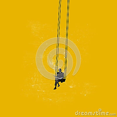 Contemporary art collage. Conceptual image. Young man sitting on swing and reading isolated on yellow background Stock Photo