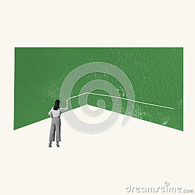 Contemporary art collage. Conceptual image. Young woman drawing line on green background. Line of life Stock Photo