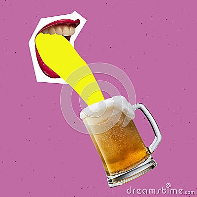 Contemporary art collage. Creative colorful design with giant female mouth and lagger foamy beer isolated over pink Stock Photo