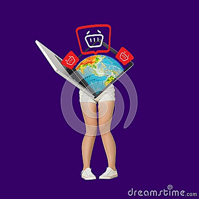 Contemporary art collage of female legs and laptop instead body. Worldwide shopping concept Stock Photo