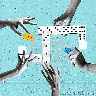 Contemporary art collage. Creative design. Human hands playing domino, making figure to win. Gaming, betting Stock Photo