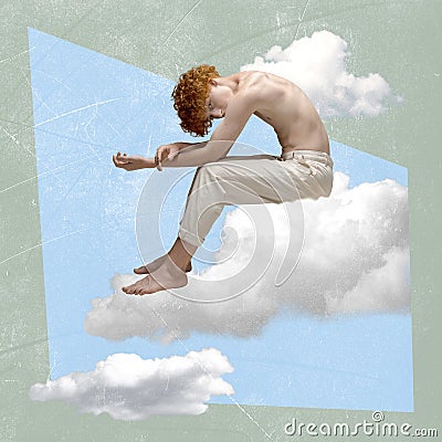 Contemporary art collage. Creative design. Young boy sitting on cloud and thinking. Hidden thoughts and personality Stock Photo