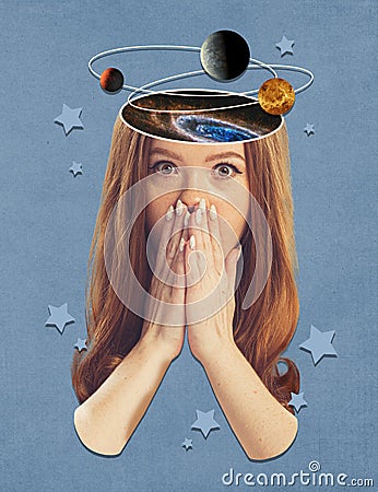 Contemporary art collage. Creative design. Young shocked woman having planets flying around head. Space explorer Stock Photo