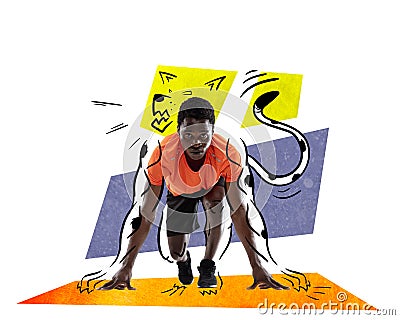 Contemporary art collage. Creative design. Young sportive man, running athlete training. Drawn tiger silhouette Stock Photo