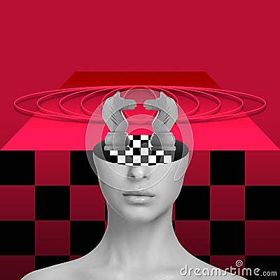 Contemporary art collage. Creative surreal design. Chess game. Cut female face with chess board and chess piece of Stock Photo