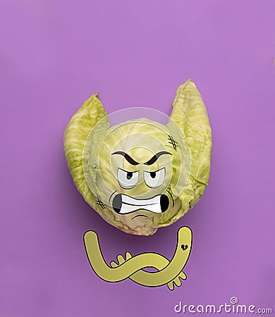 Contemporary art collage. Cute angry cabbage isolated over purple background. Drawn vegetables in a cartoon style. Funny Stock Photo