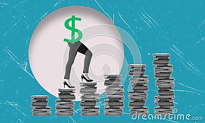 Contemporary art collage depicting a man walking up a ladder of dollar-shaped coins symbolizing financial growth Stock Photo