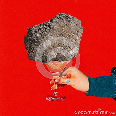 Contemporary art collage. Diamonds Forever, Olives at Midnight. woman holding a martini glass with a rock on top. Stock Photo