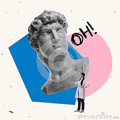 Contemporary art collage. Doctor standing near giant antique statue bust. Medical treatment Stock Photo