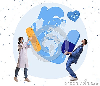 Contemporary art collage. Doctors, specialists saving lungs from disease, giving special pills Stock Photo